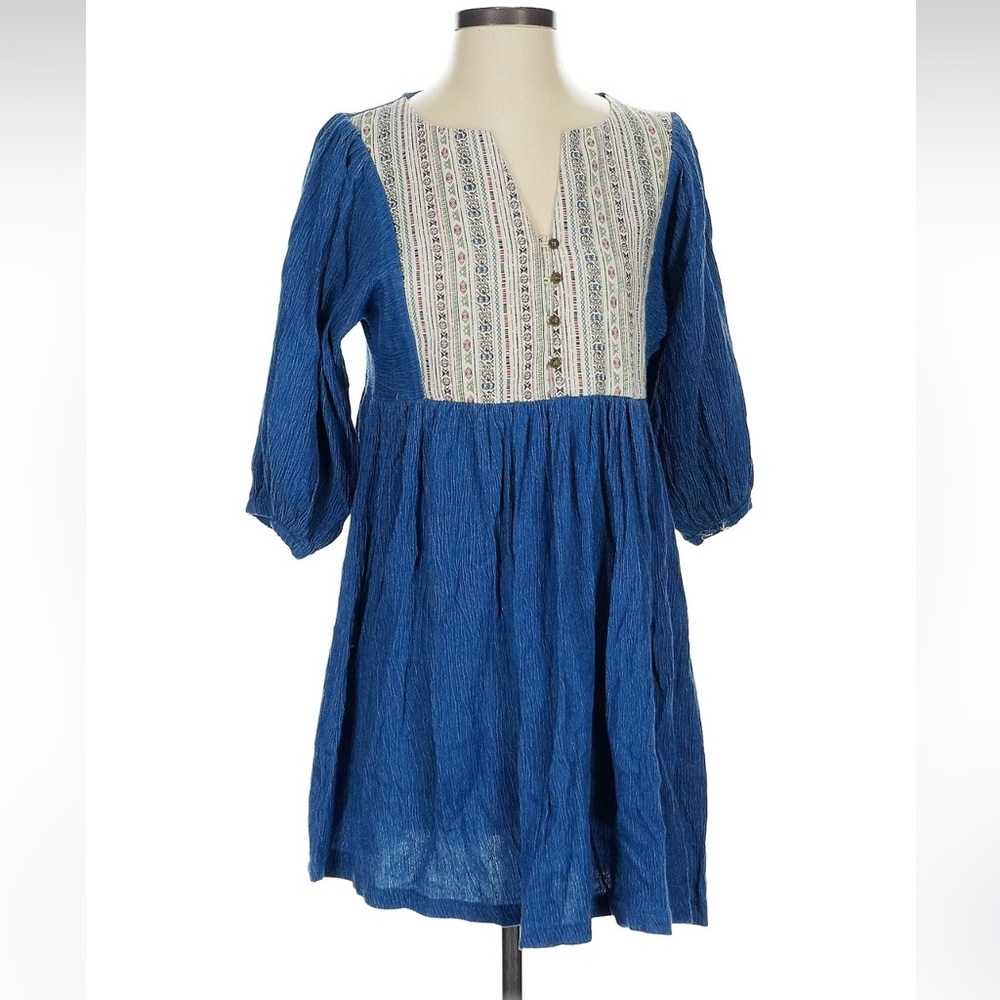 Hayden Blue Mini Dress with Cream Embroidered Bib